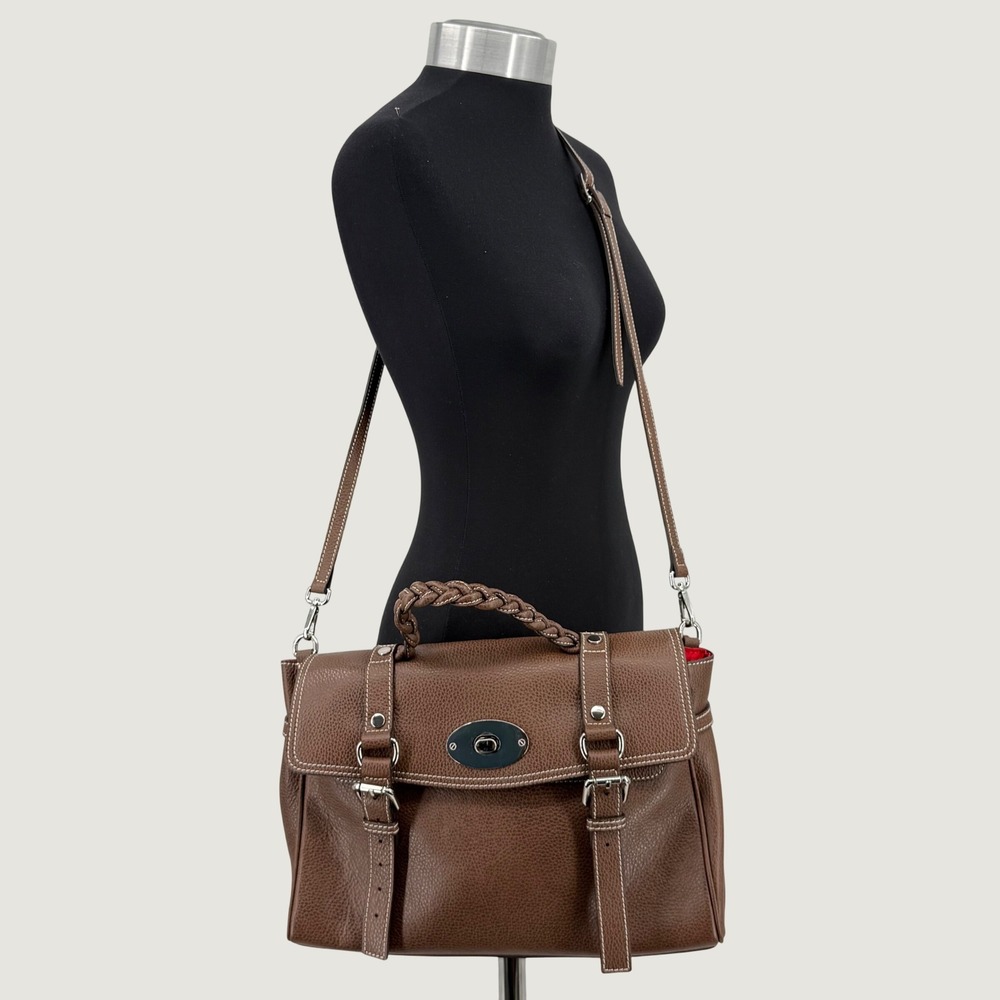 Genuine Leather Made in Italy Brown Pebbled Satchel Crossbody Bag Braided Handle